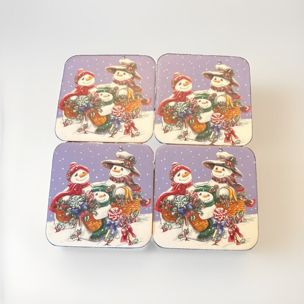 VTG Christmas Cork Coaster Set Of 4 Vicky Howard Design Winter Snowman Family